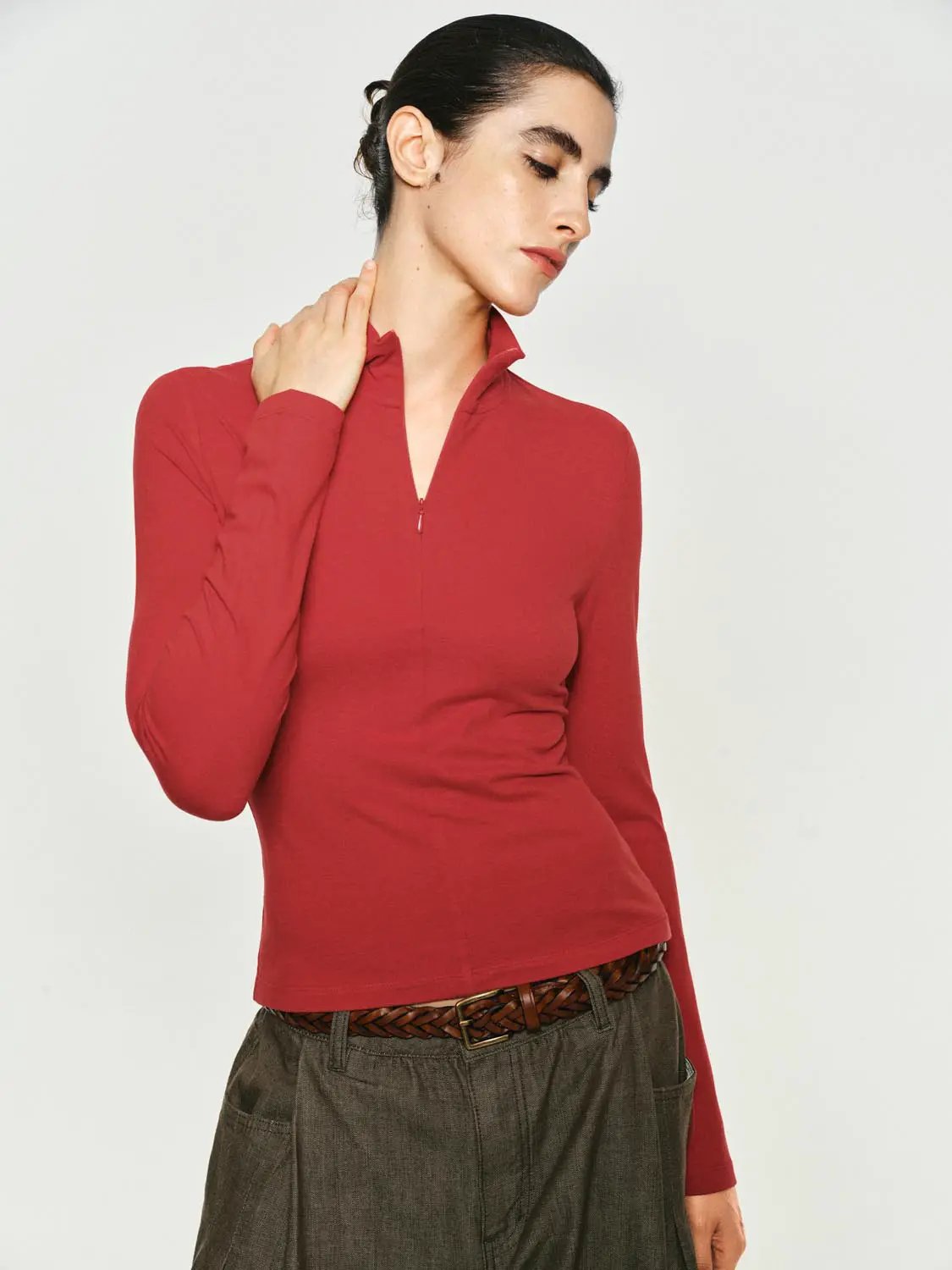 Zip Front Mock Neck Fitted Long Sleeve T-Shirt