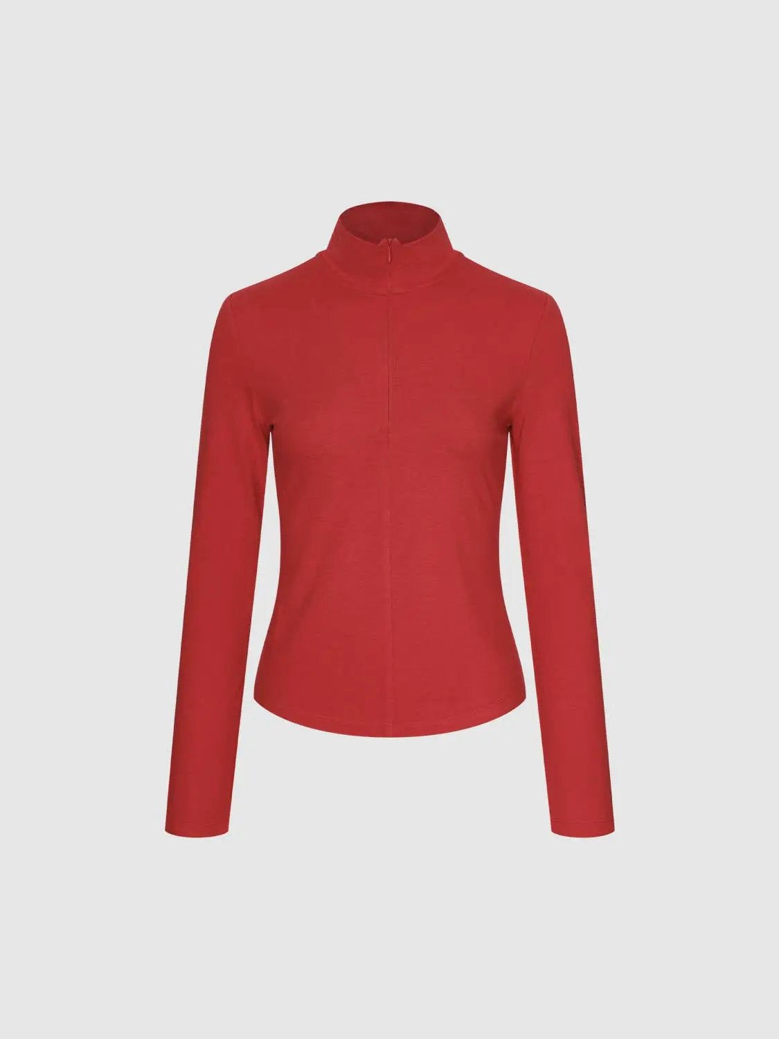 Zip Front Mock Neck Fitted Long Sleeve T-Shirt