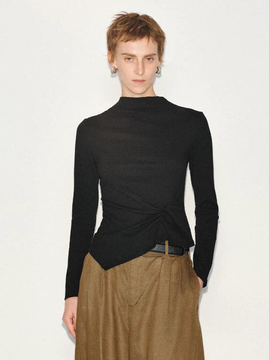 Twisted Asymmetric Hem Mock Neck Long Sleeve Cotton Blend T-Shirt