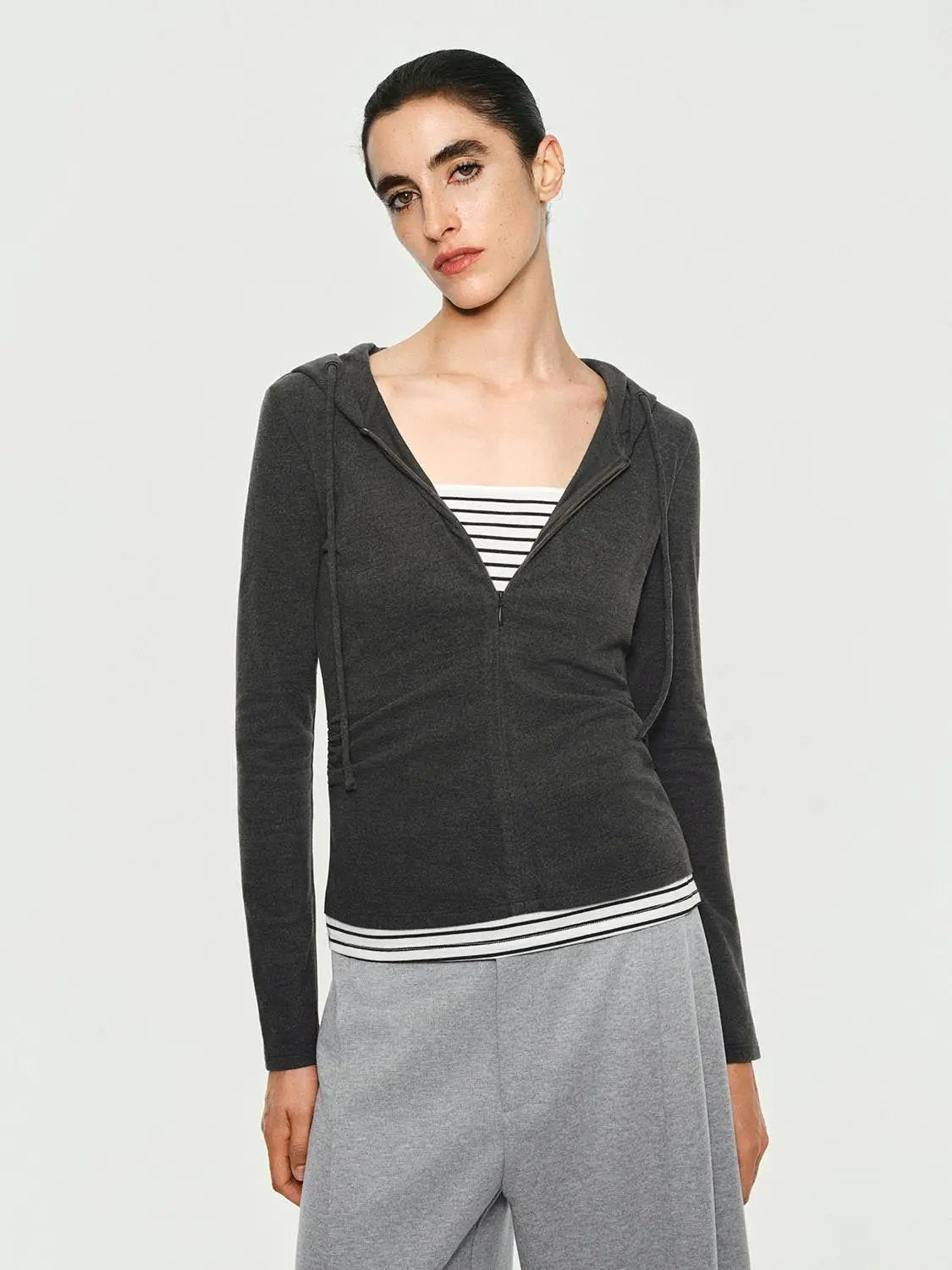 Ruched Long Sleeve Zip Hoodie With Striped Hem