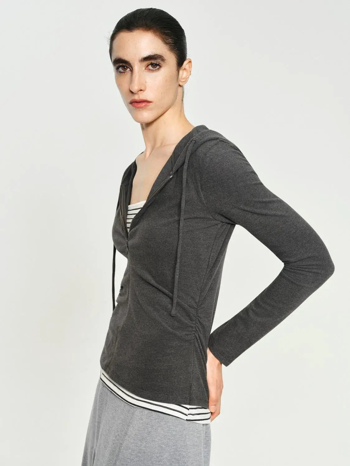 Ruched Long Sleeve Zip Hoodie With Striped Hem