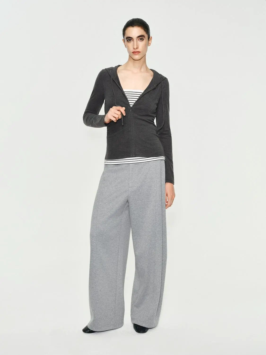 Ruched Long Sleeve Zip Hoodie With Striped Hem