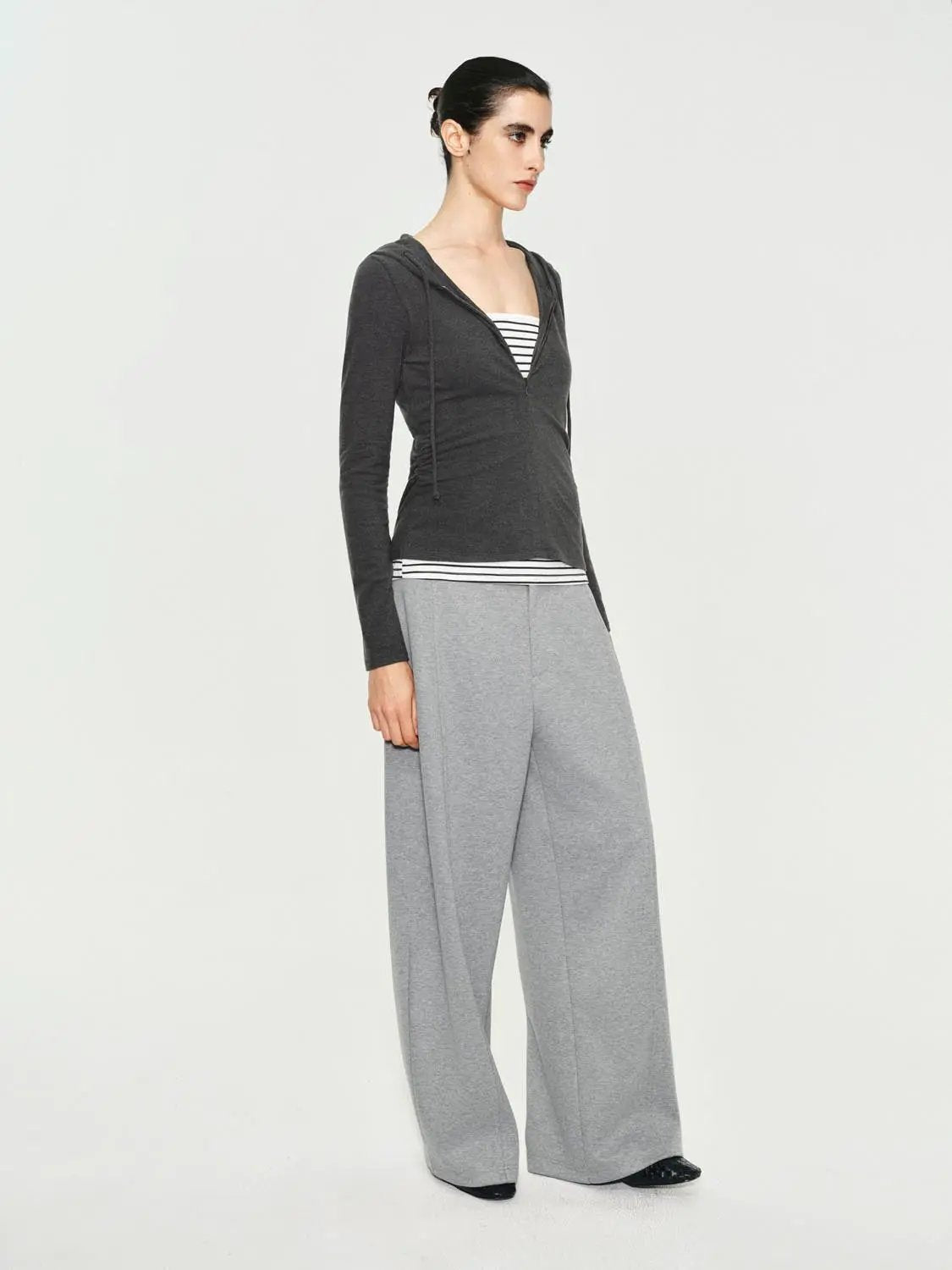 Ruched Long Sleeve Zip Hoodie With Striped Hem