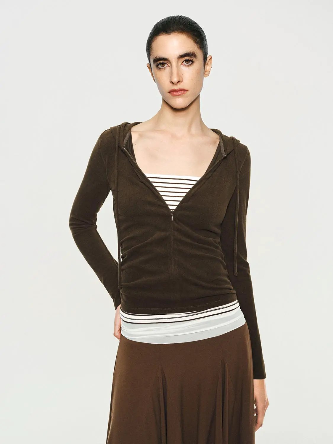Ruched Layered Striped Long Sleeve Zip Hoodie