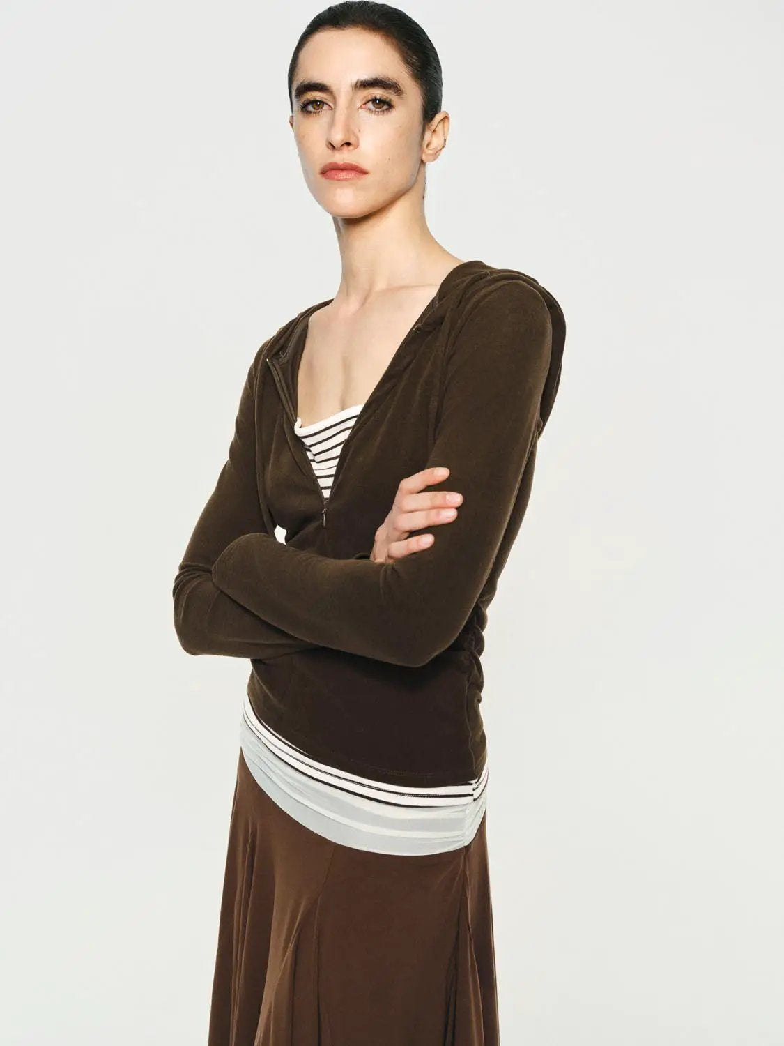 Ruched Layered Striped Long Sleeve Zip Hoodie
