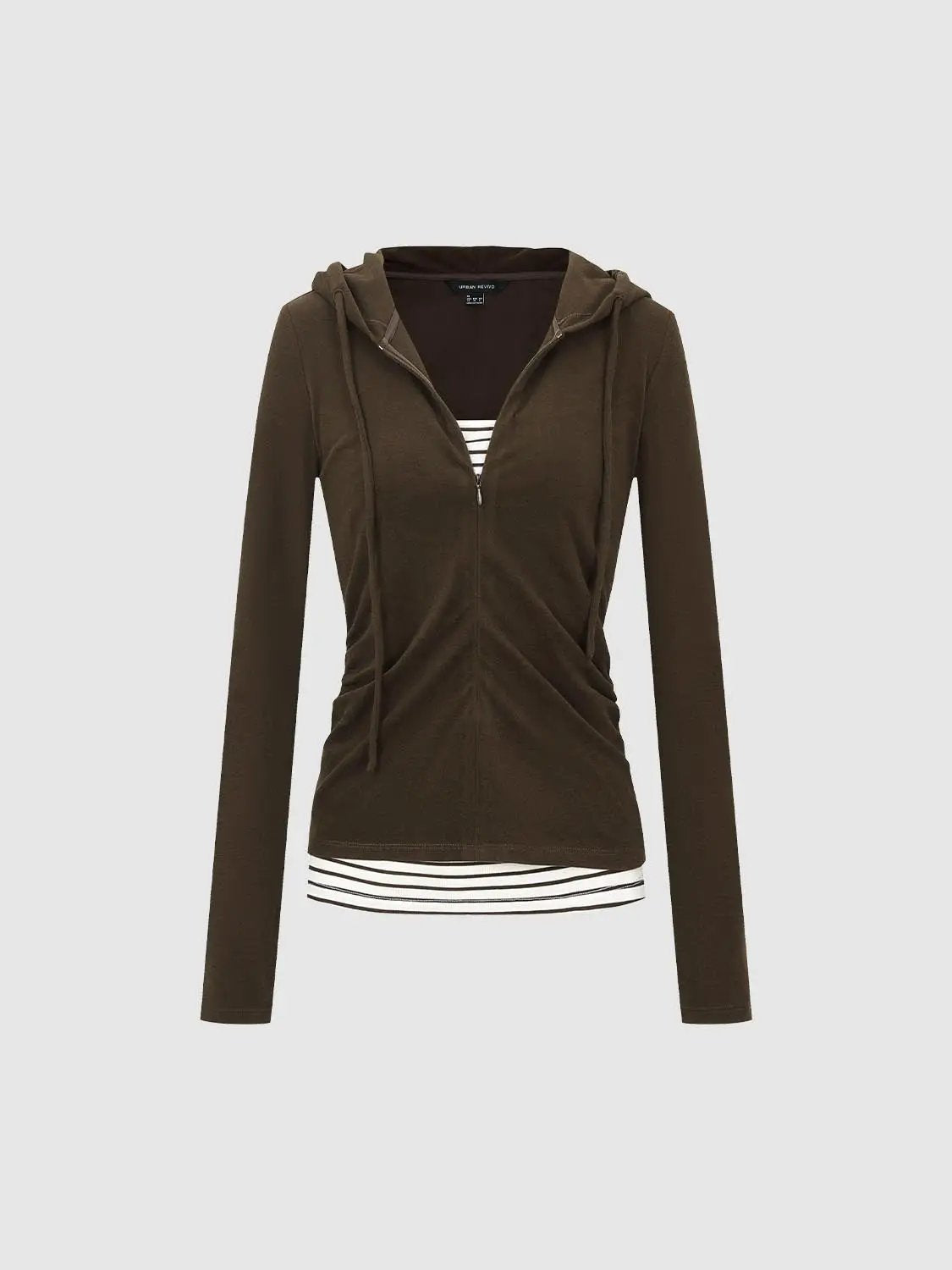 Ruched Layered Striped Long Sleeve Zip Hoodie