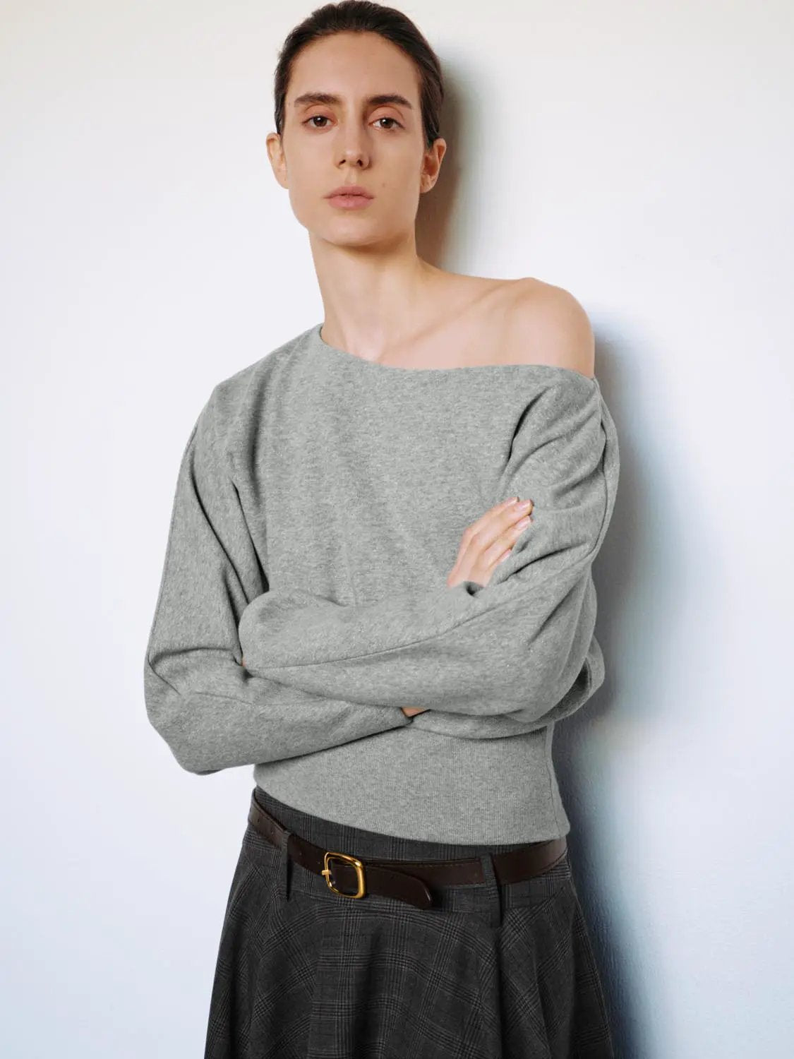 Asymmetric Long Sleeve Ribbed Cotton Blend Crop Top