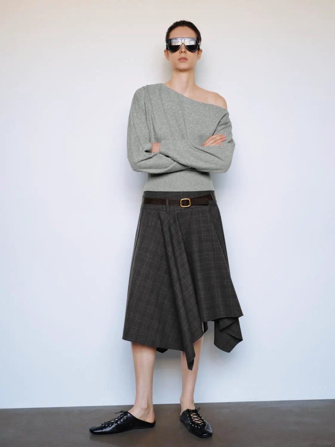 Asymmetric Long Sleeve Ribbed Cotton Blend Crop Top