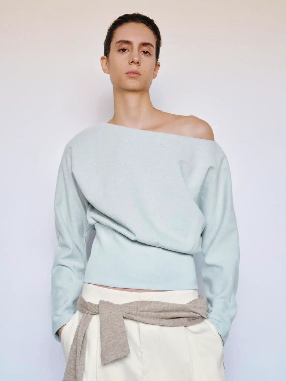 Asymmetric Long Sleeve Ribbed Cotton Blend Crop Top
