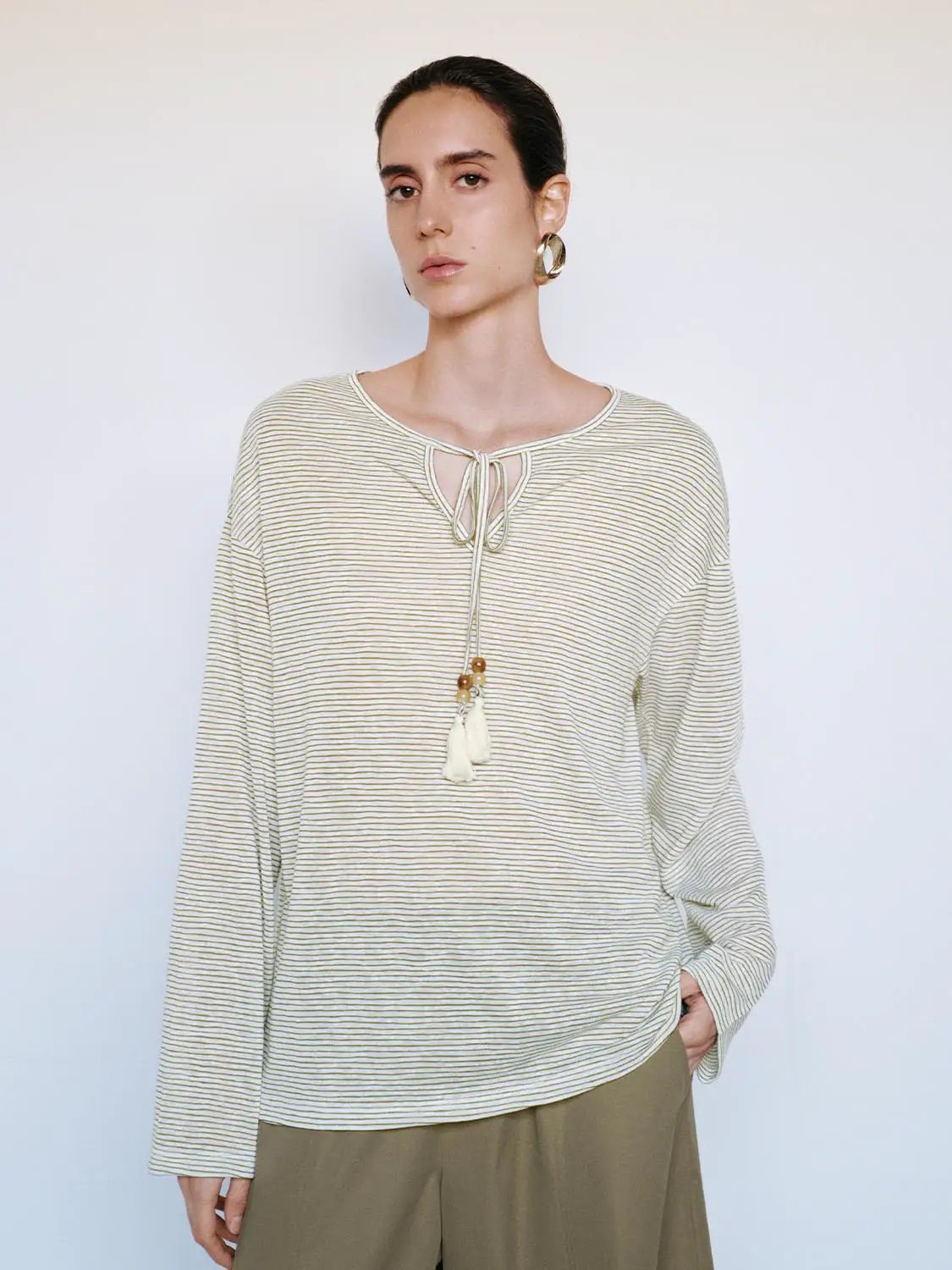 Thin Striped Long Sleeve Tie Neck T-Shirt