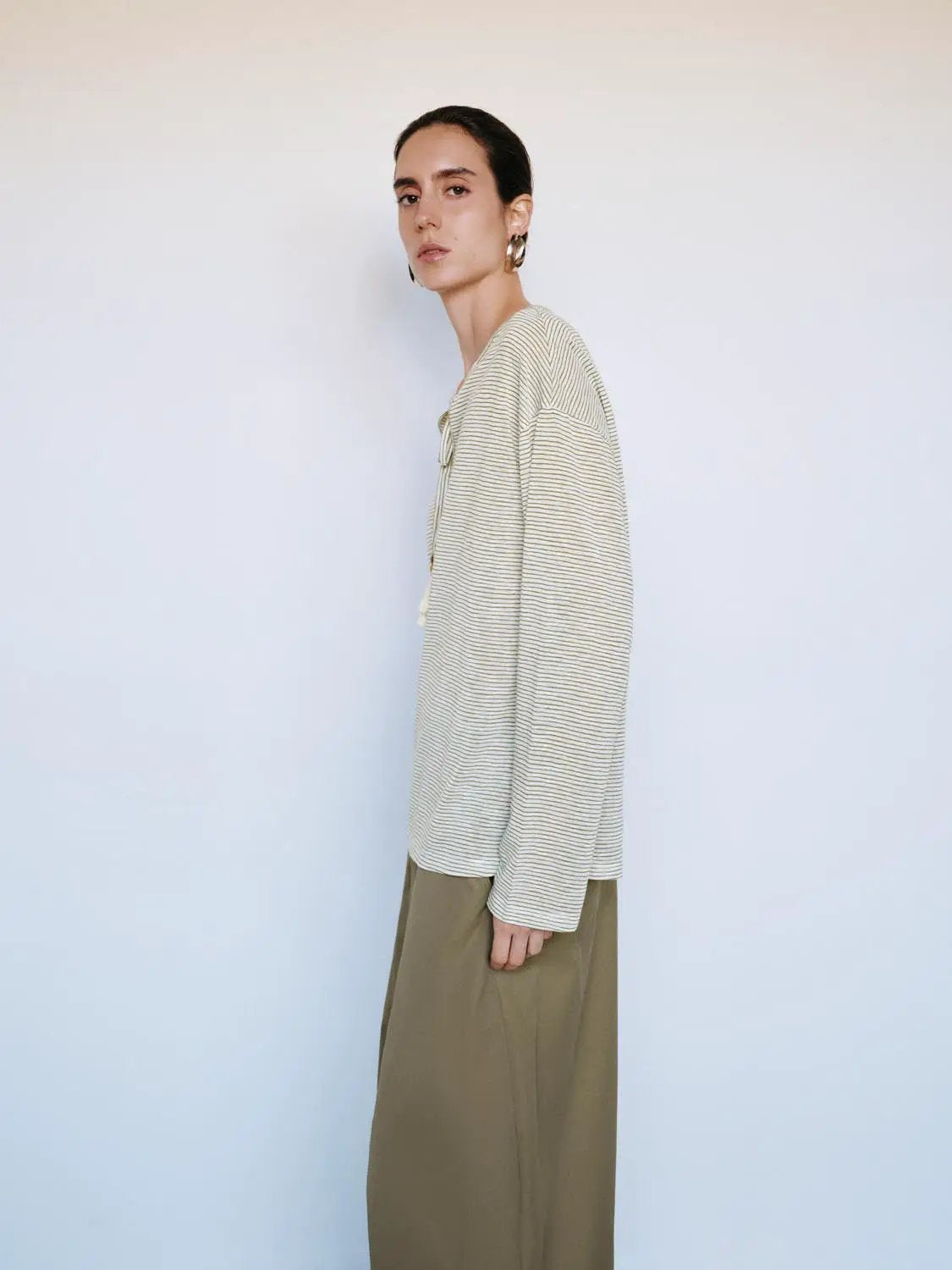 Thin Striped Long Sleeve Tie Neck T-Shirt