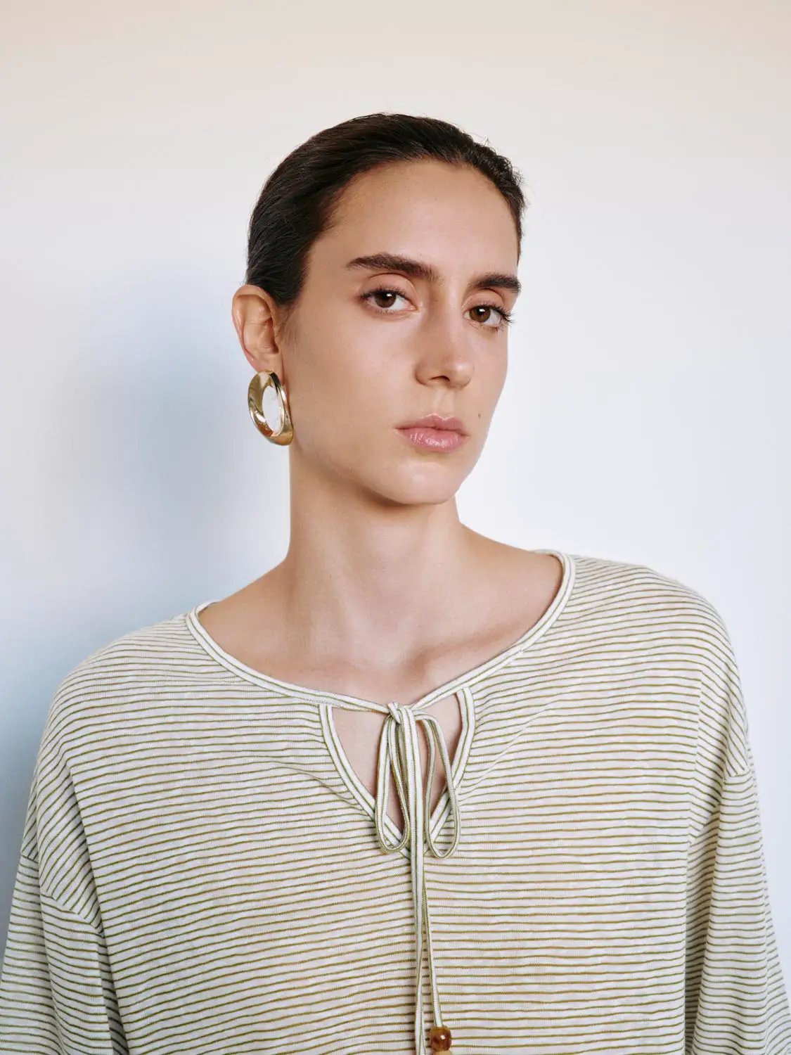 Thin Striped Long Sleeve Tie Neck T-Shirt