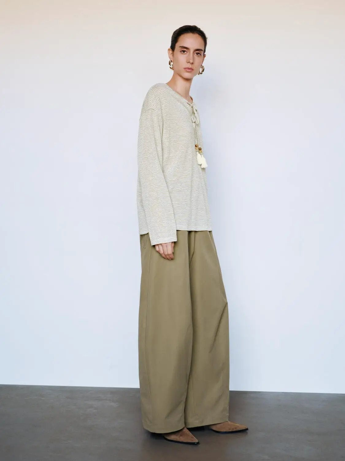 Thin Striped Long Sleeve Tie Neck T-Shirt