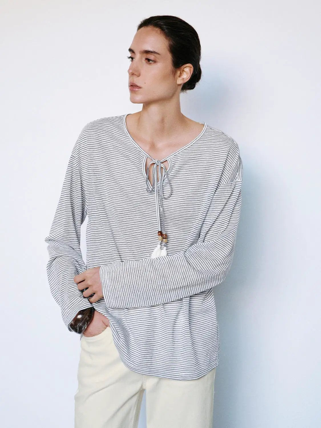 Thin Striped Long Sleeve Tie Neck T-Shirt
