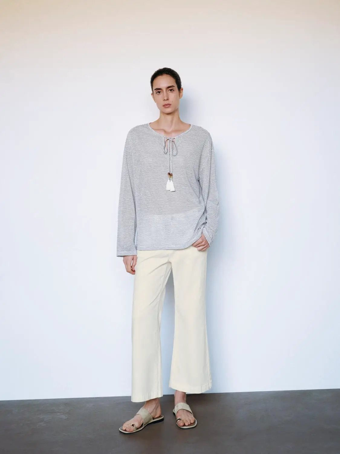 Thin Striped Long Sleeve Tie Neck T-Shirt