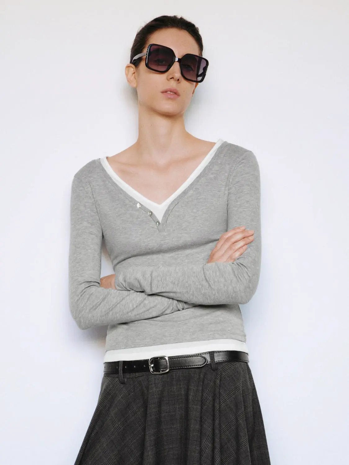 Layered Button Front V-neck Fitted Long Sleeve T-Shirt