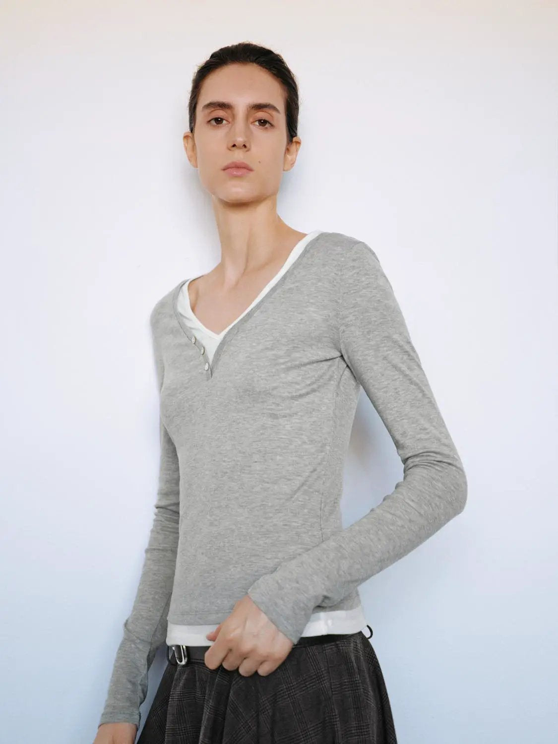 Layered Button Front V-neck Fitted Long Sleeve T-Shirt