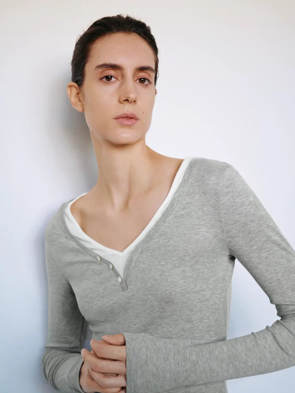 Layered Button Front V-neck Fitted Long Sleeve T-Shirt