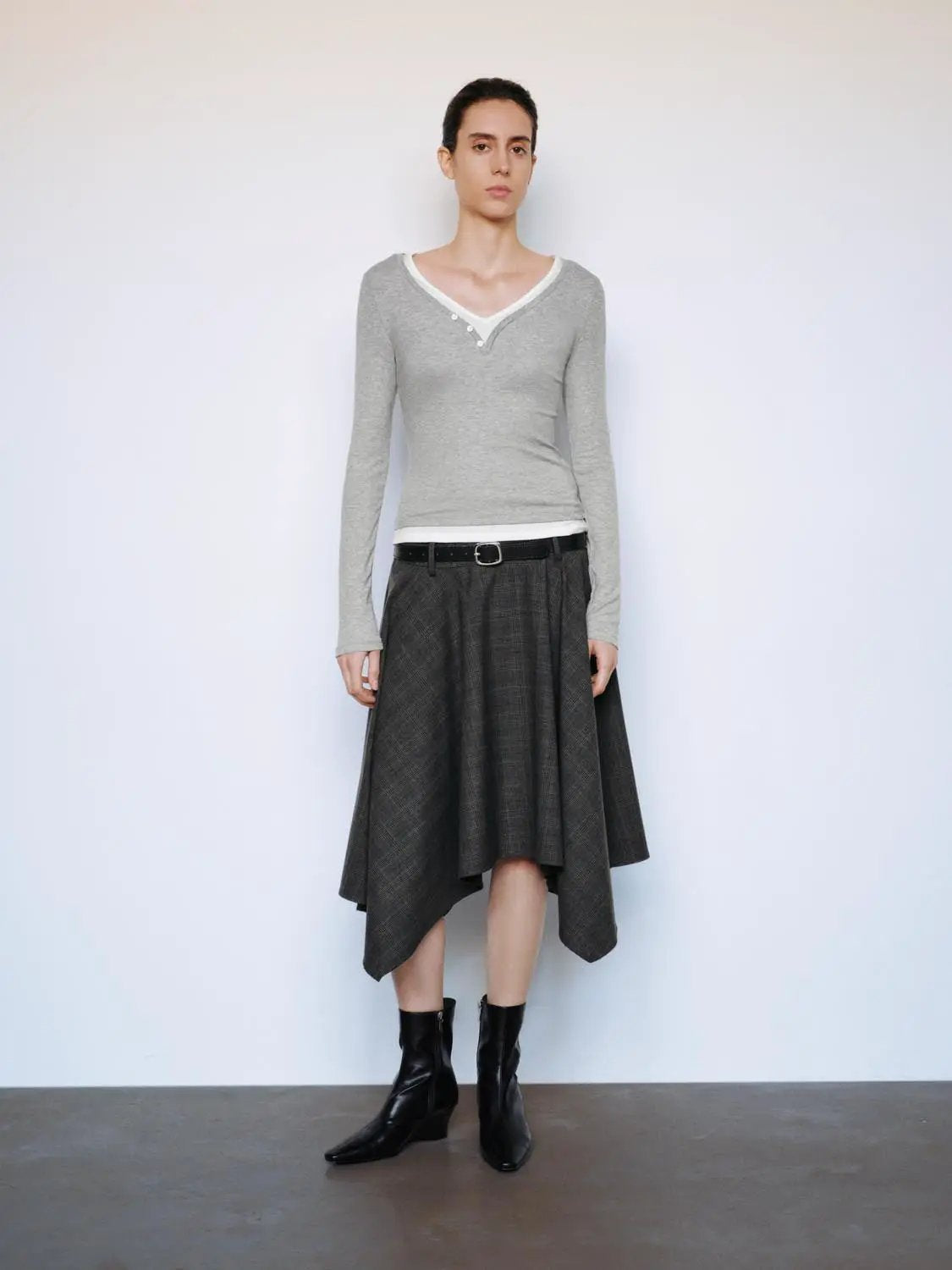 Layered Button Front V-neck Fitted Long Sleeve T-Shirt