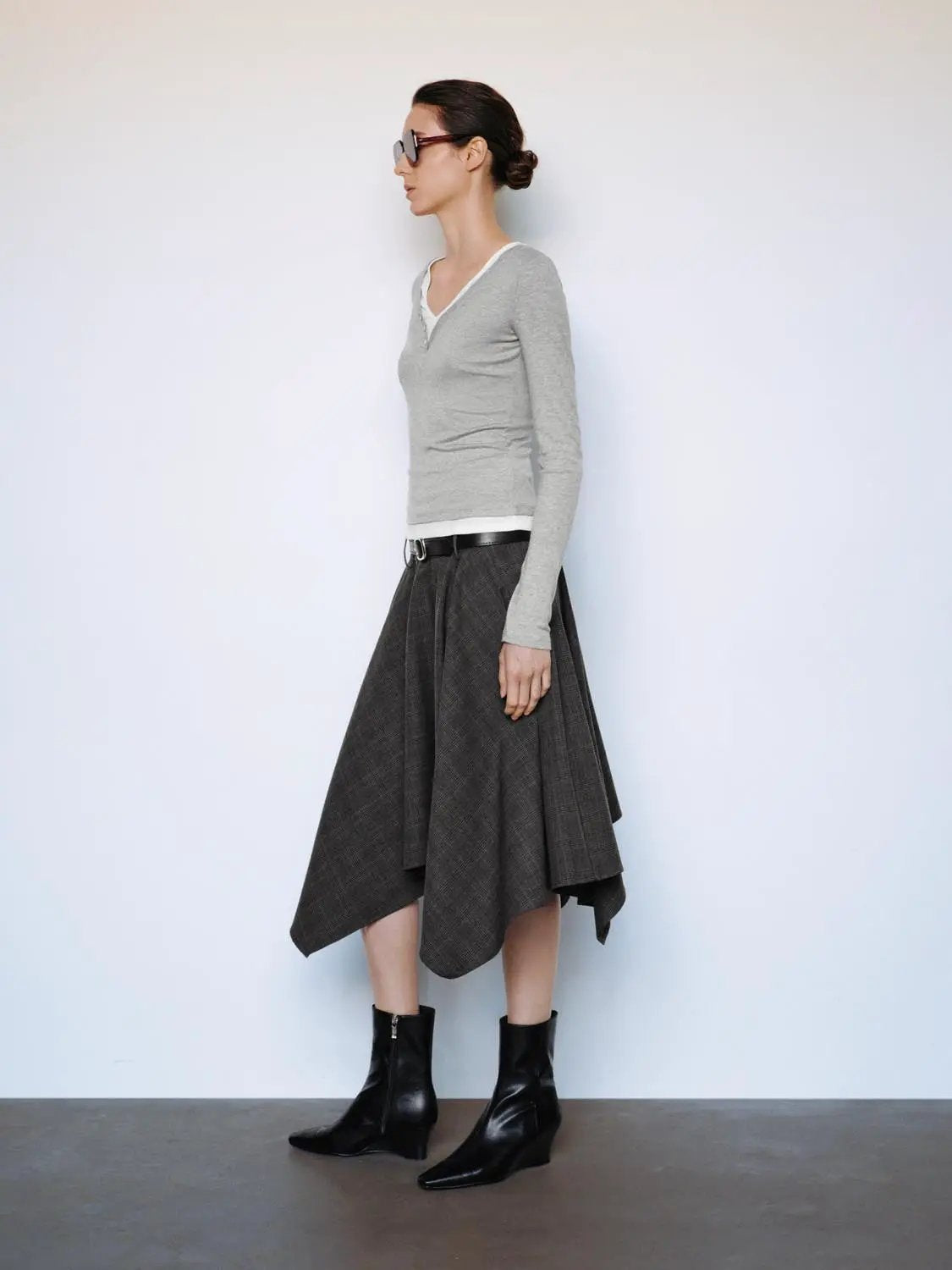 Layered Button Front V-neck Fitted Long Sleeve T-Shirt