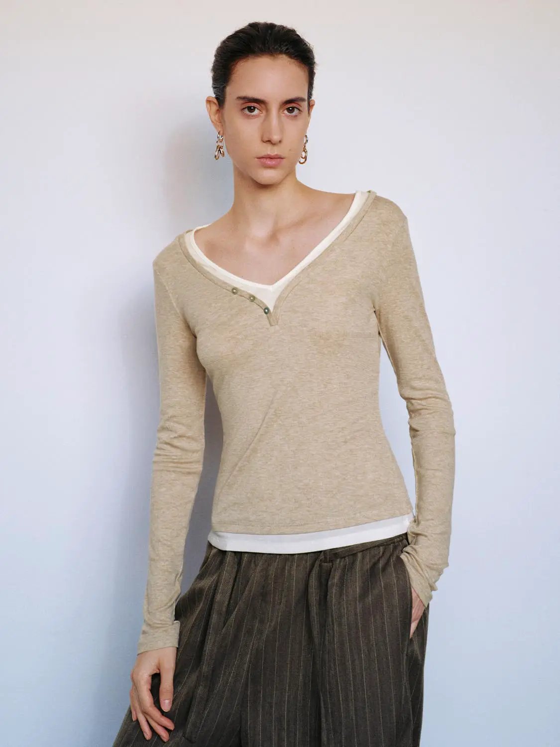Layered Button Front V-neck Fitted Long Sleeve T-Shirt
