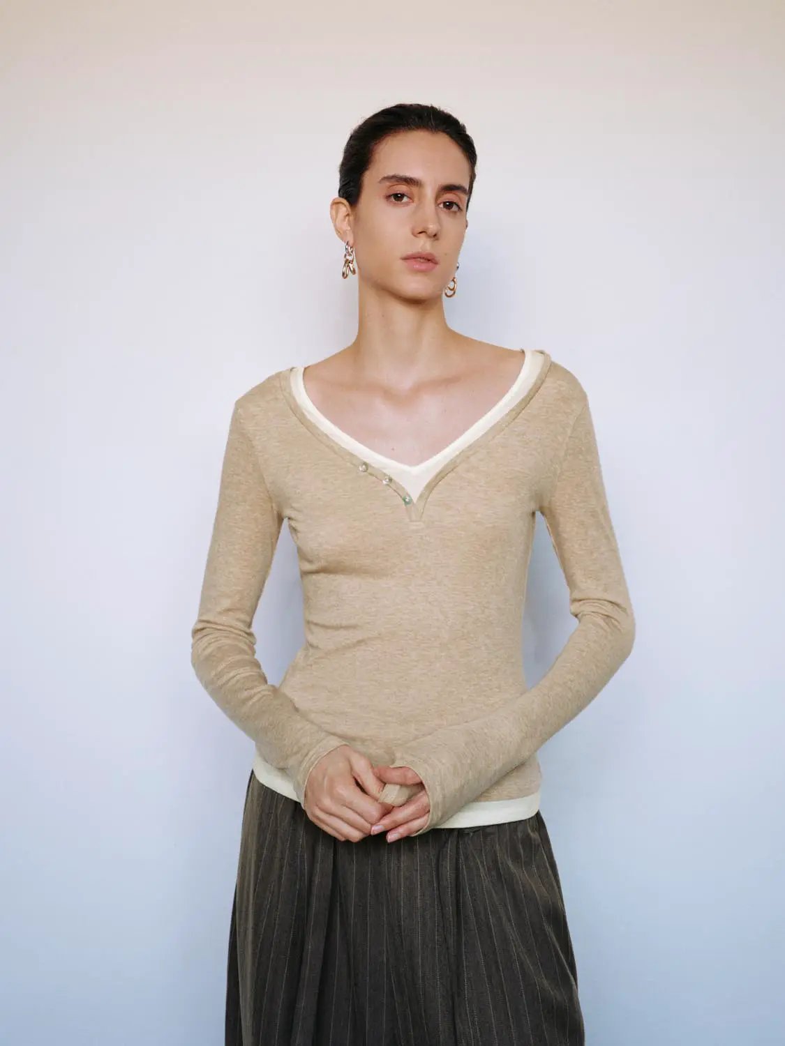 Layered Button Front V-neck Fitted Long Sleeve T-Shirt