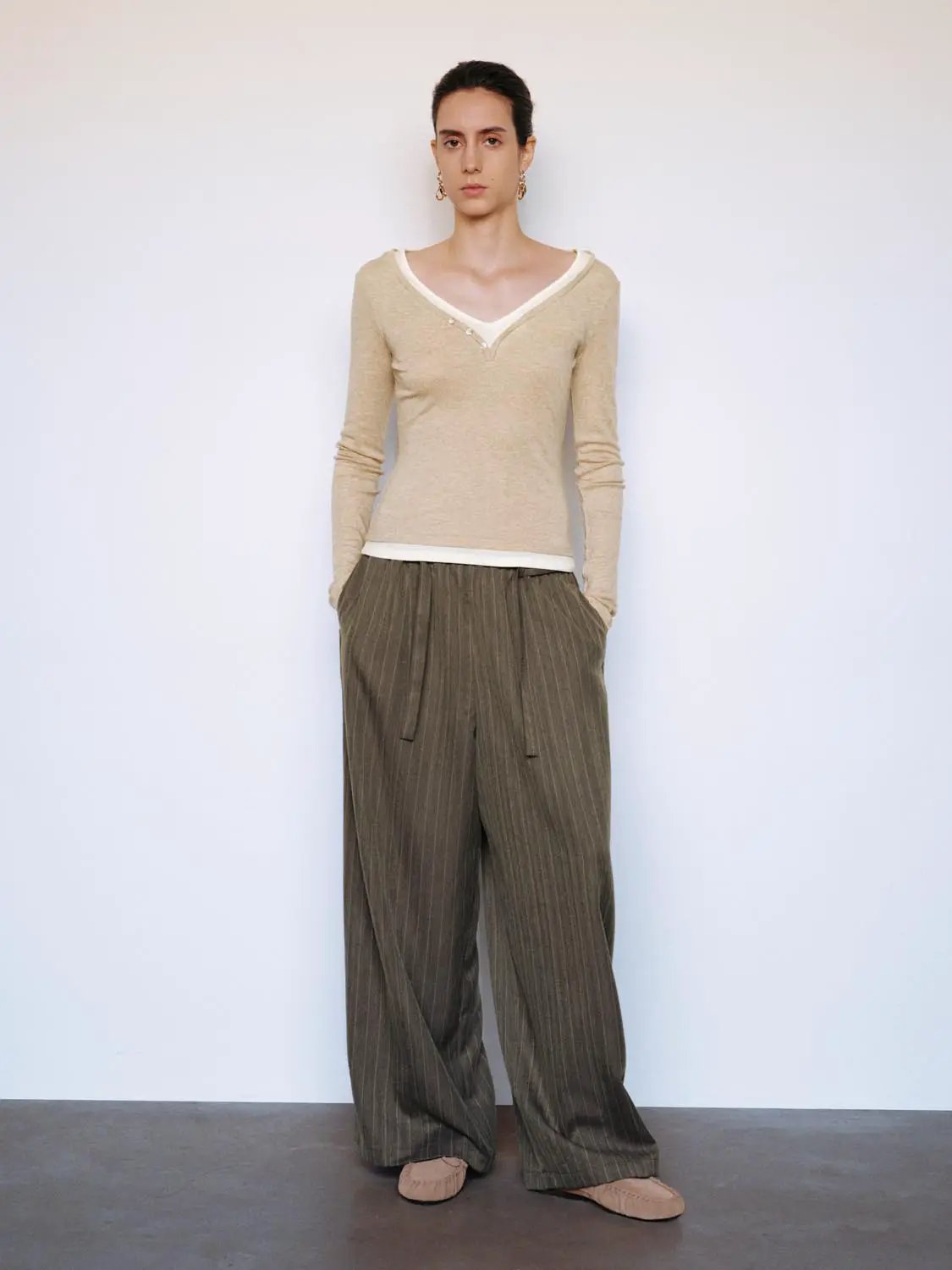 Layered Button Front V-neck Fitted Long Sleeve T-Shirt