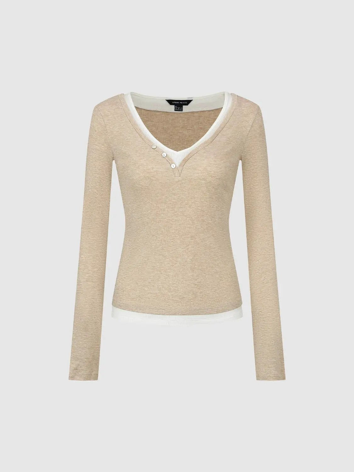 Layered Button Front V-neck Fitted Long Sleeve T-Shirt