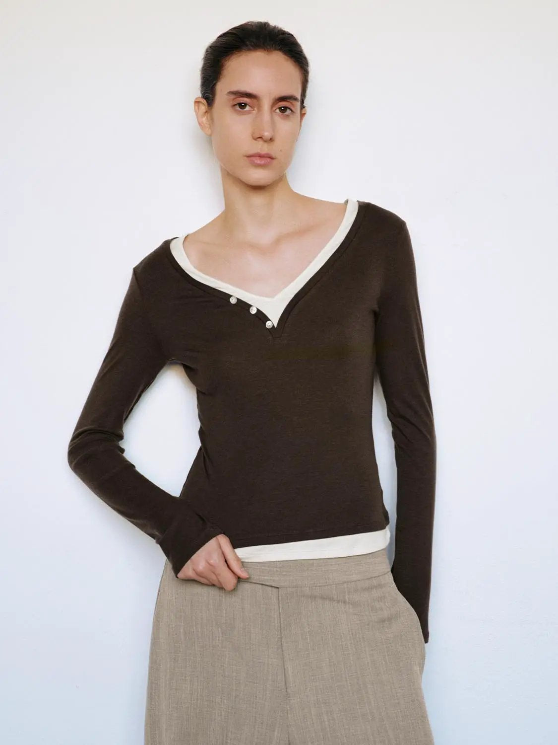 Layered Button Front V-neck Fitted Long Sleeve T-Shirt