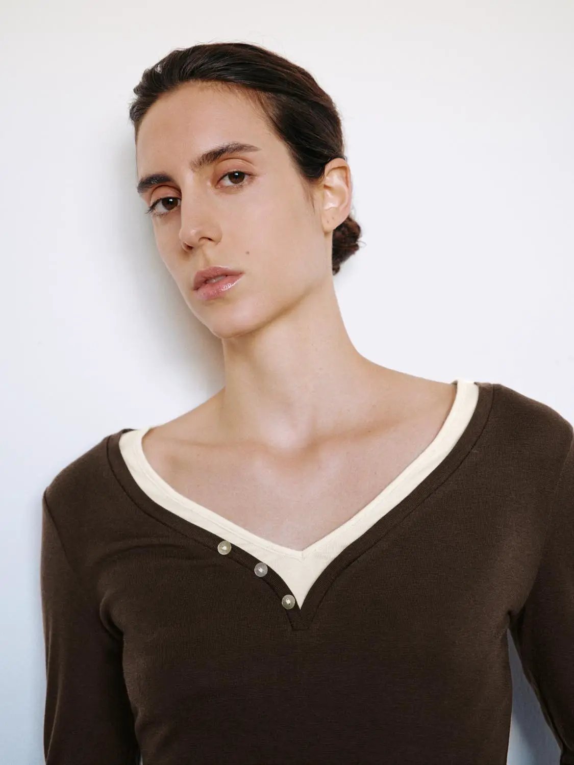 Layered Button Front V-neck Fitted Long Sleeve T-Shirt