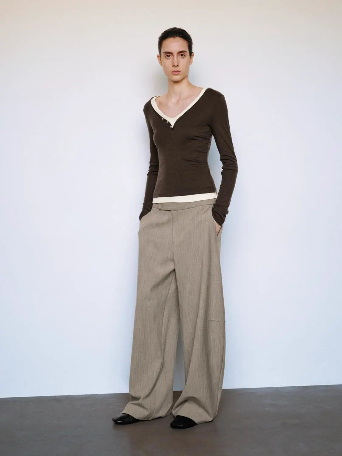 Layered Button Front V-neck Fitted Long Sleeve T-Shirt