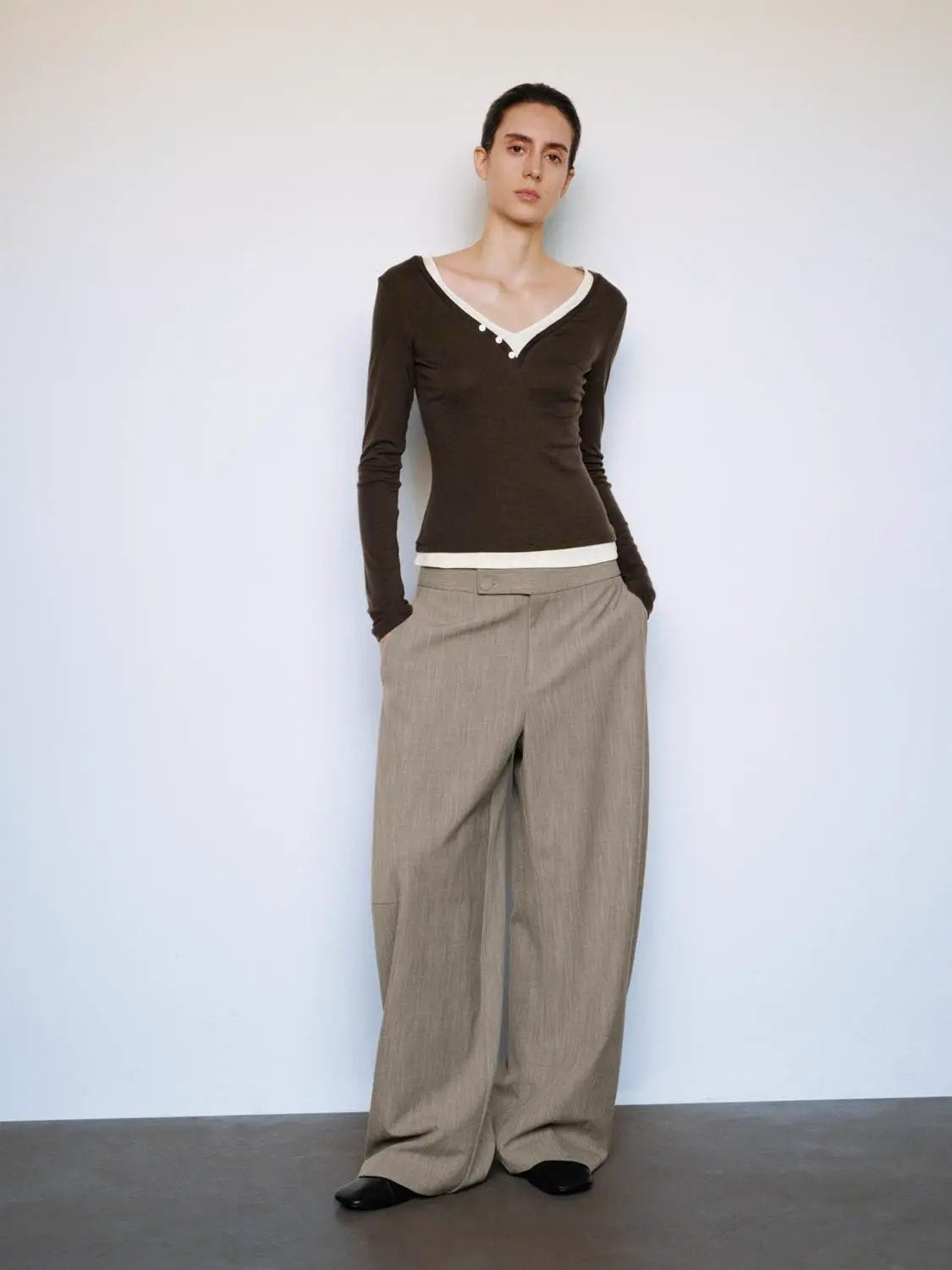 Layered Button Front V-neck Fitted Long Sleeve T-Shirt