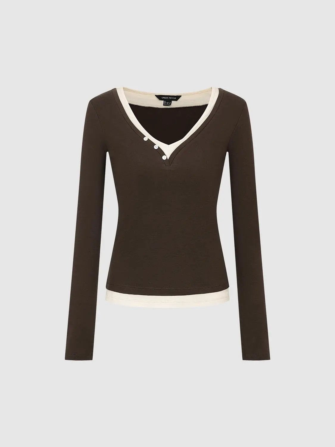 Layered Button Front V-neck Fitted Long Sleeve T-Shirt