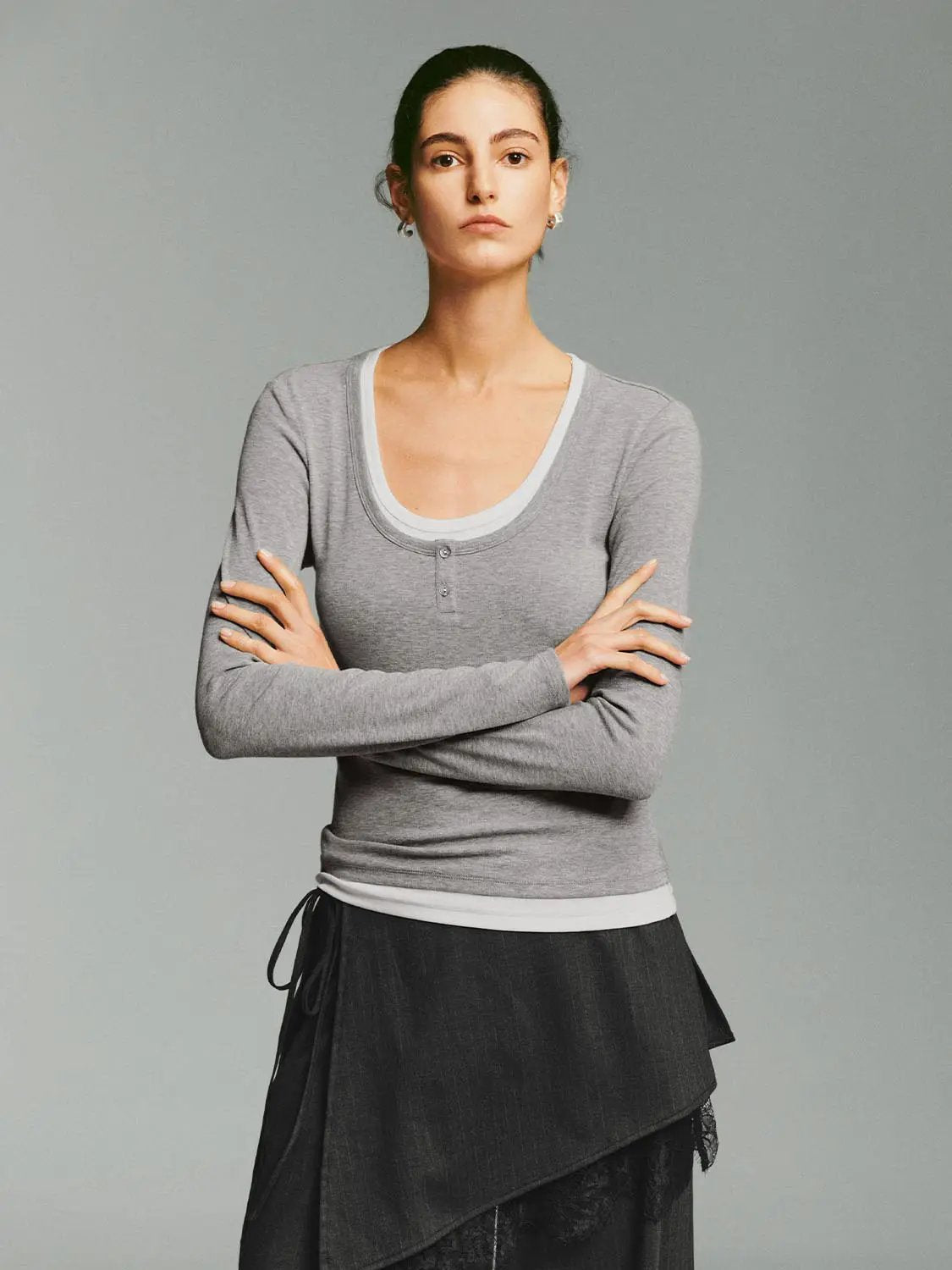 Heather Contrast Trim Long Sleeve Fitted T-Shirt