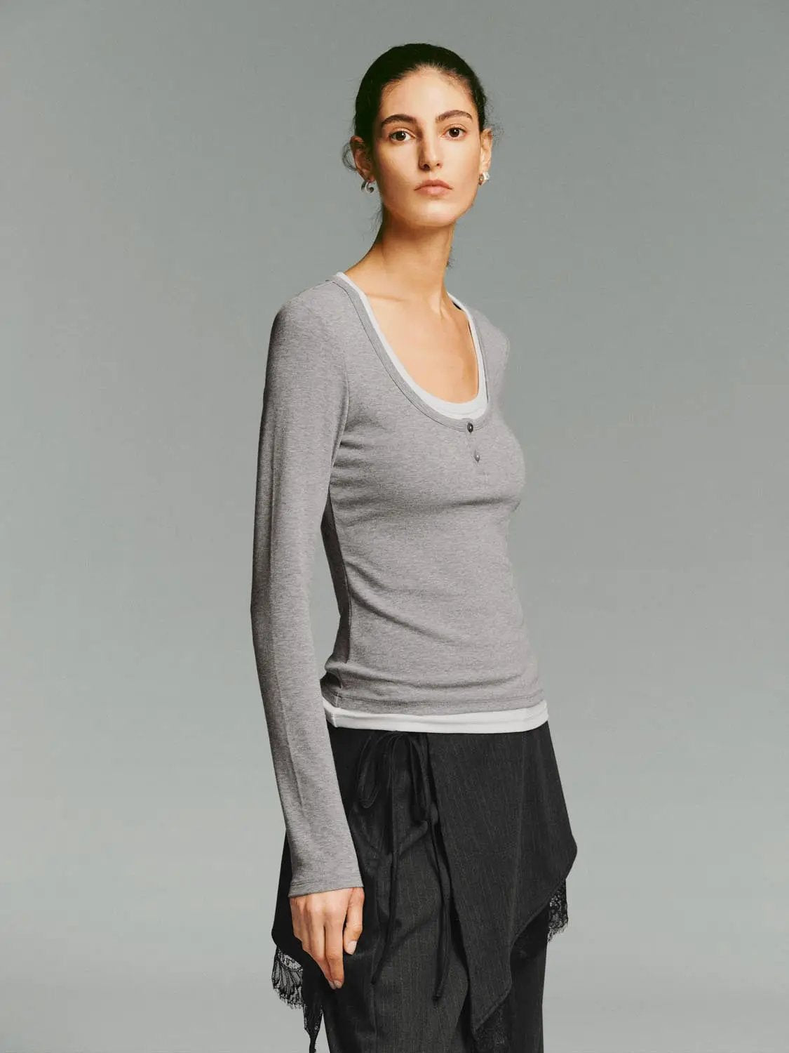 Heather Contrast Trim Long Sleeve Fitted T-Shirt