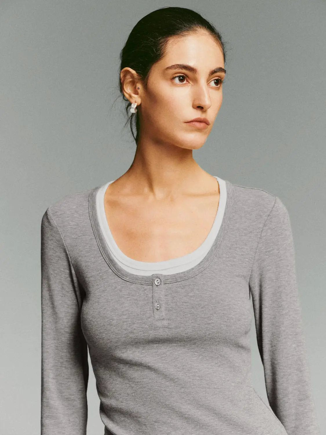 Heather Contrast Trim Long Sleeve Fitted T-Shirt