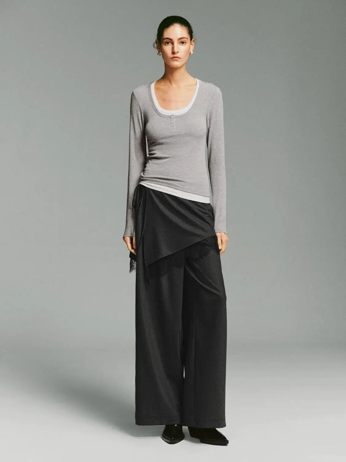 Heather Contrast Trim Long Sleeve Fitted T-Shirt