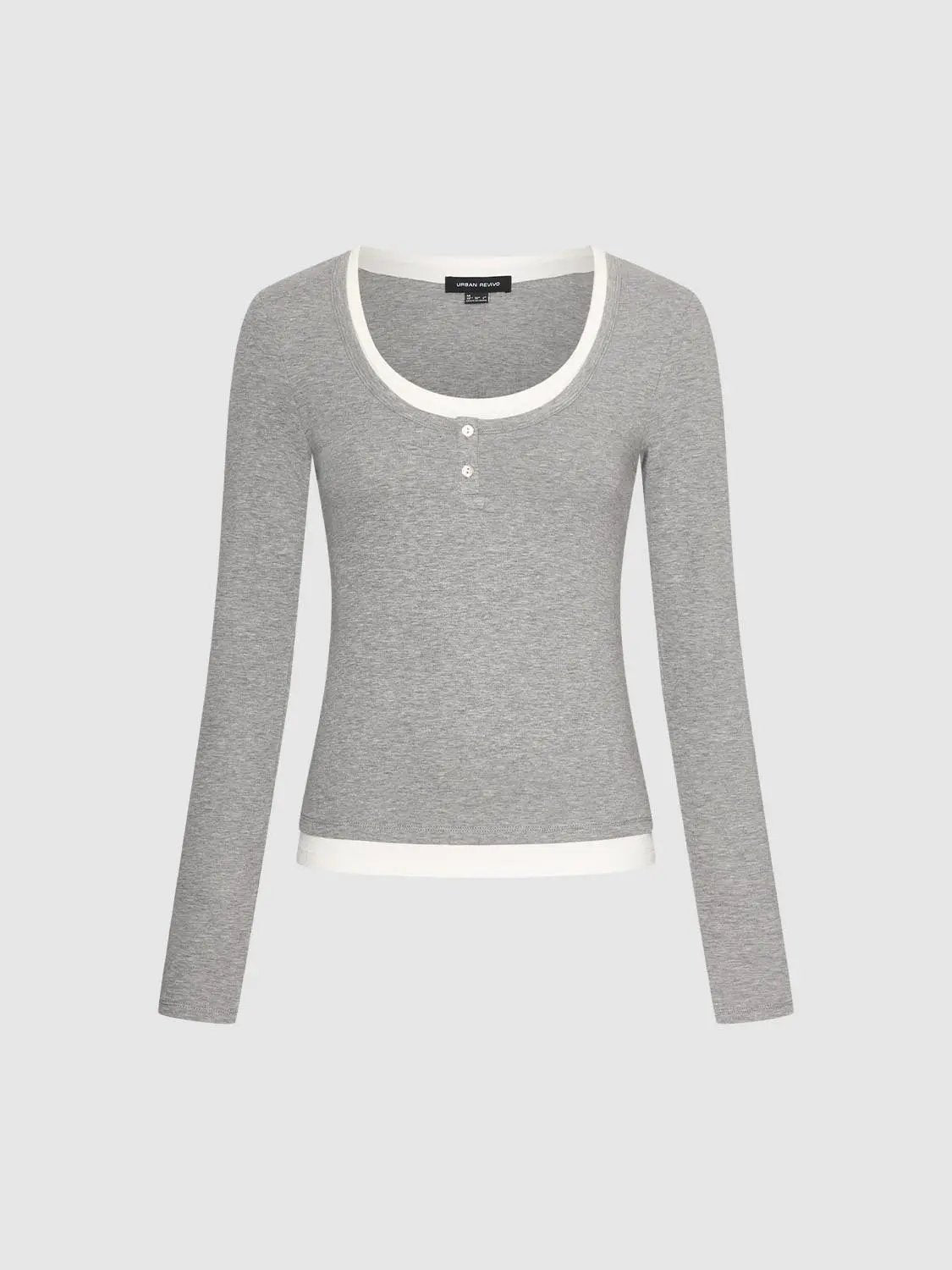 Heather Contrast Trim Long Sleeve Fitted T-Shirt