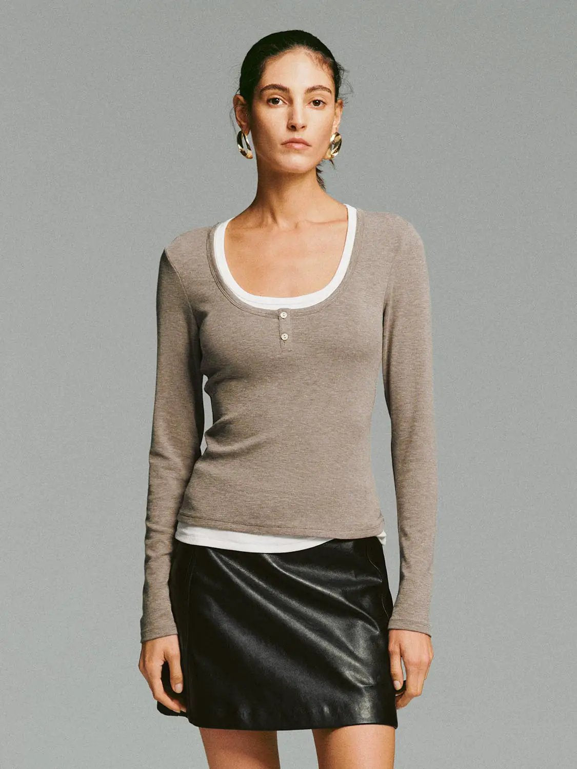 Heather Contrast Trim Long Sleeve Fitted T-Shirt
