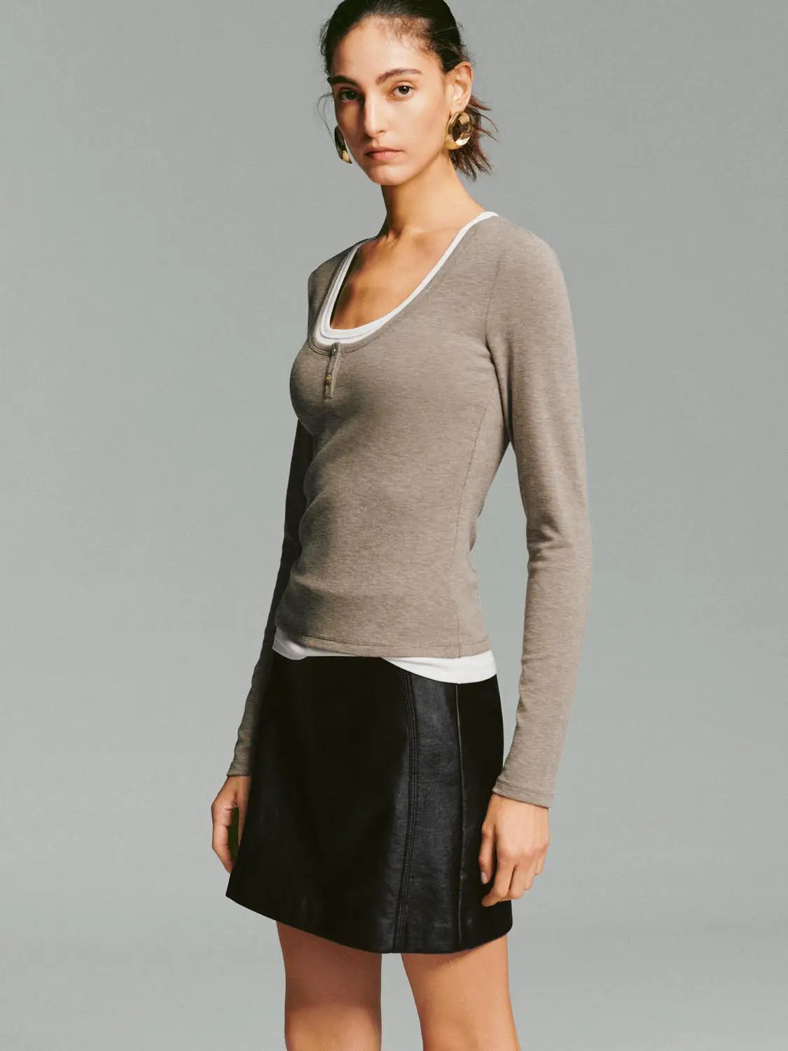 Heather Contrast Trim Long Sleeve Fitted T-Shirt