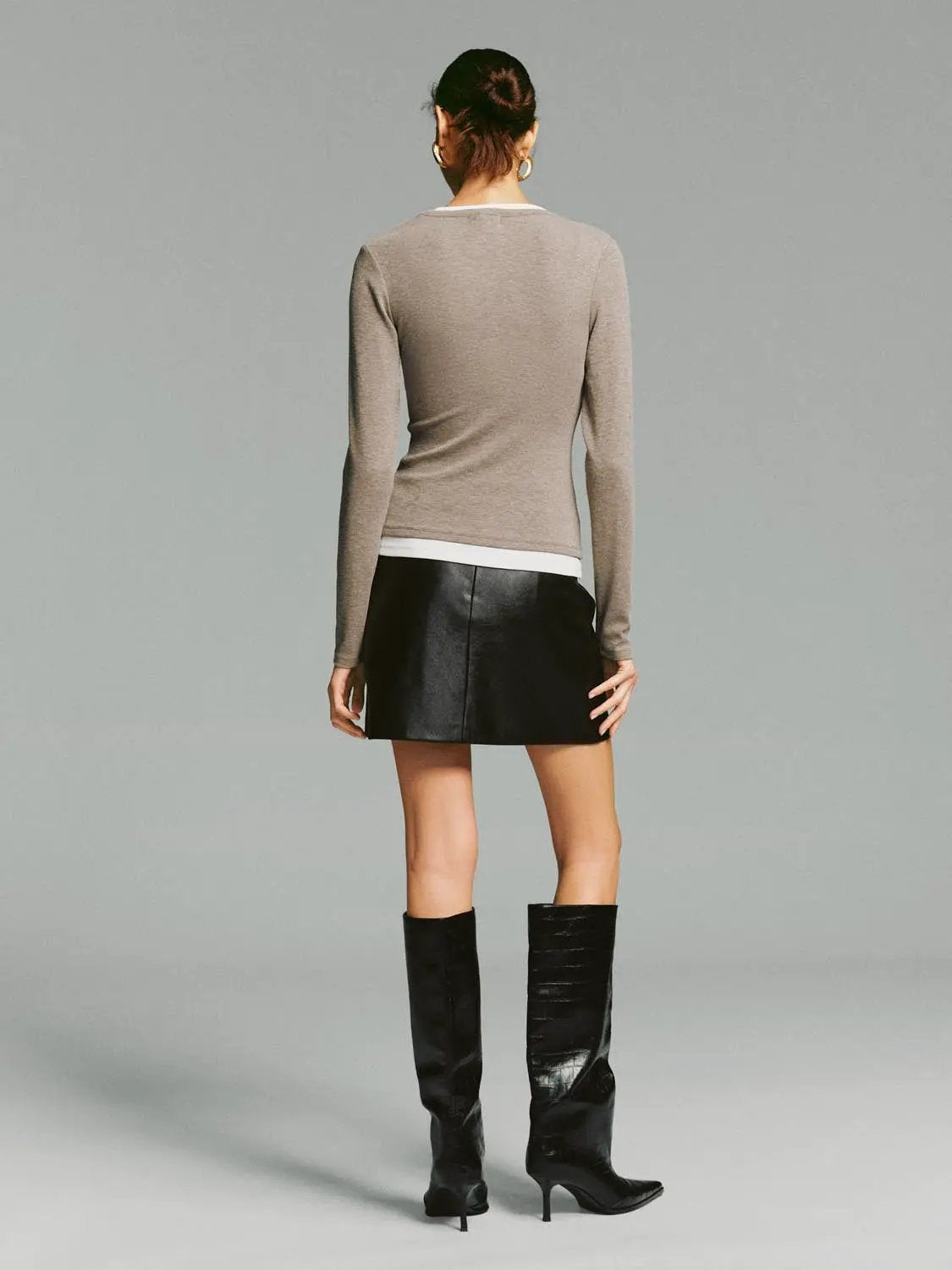 Heather Contrast Trim Long Sleeve Fitted T-Shirt