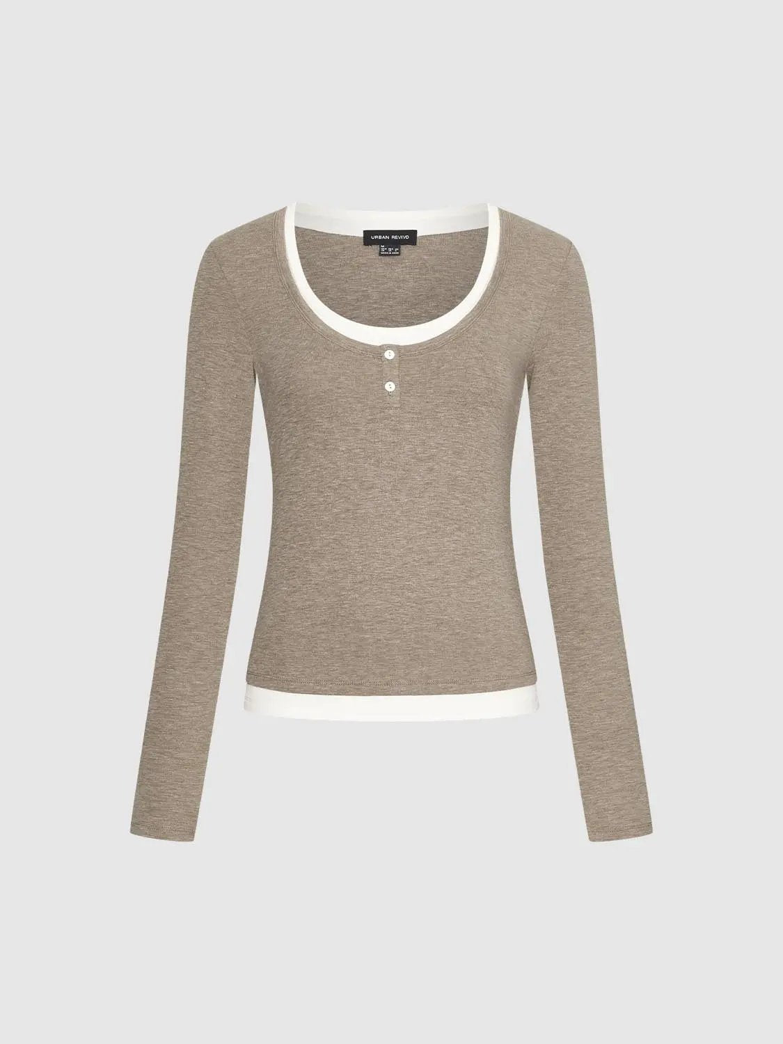 Heather Contrast Trim Long Sleeve Fitted T-Shirt