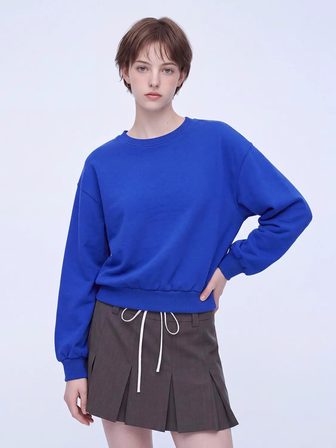 Ribbed Crew Neck Long Sleeve Cotton Blend Sweatshirt