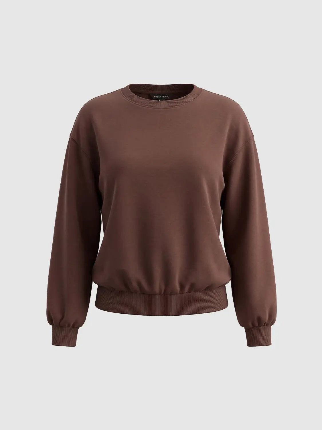 Ribbed Crew Neck Long Sleeve Cotton Blend Sweatshirt