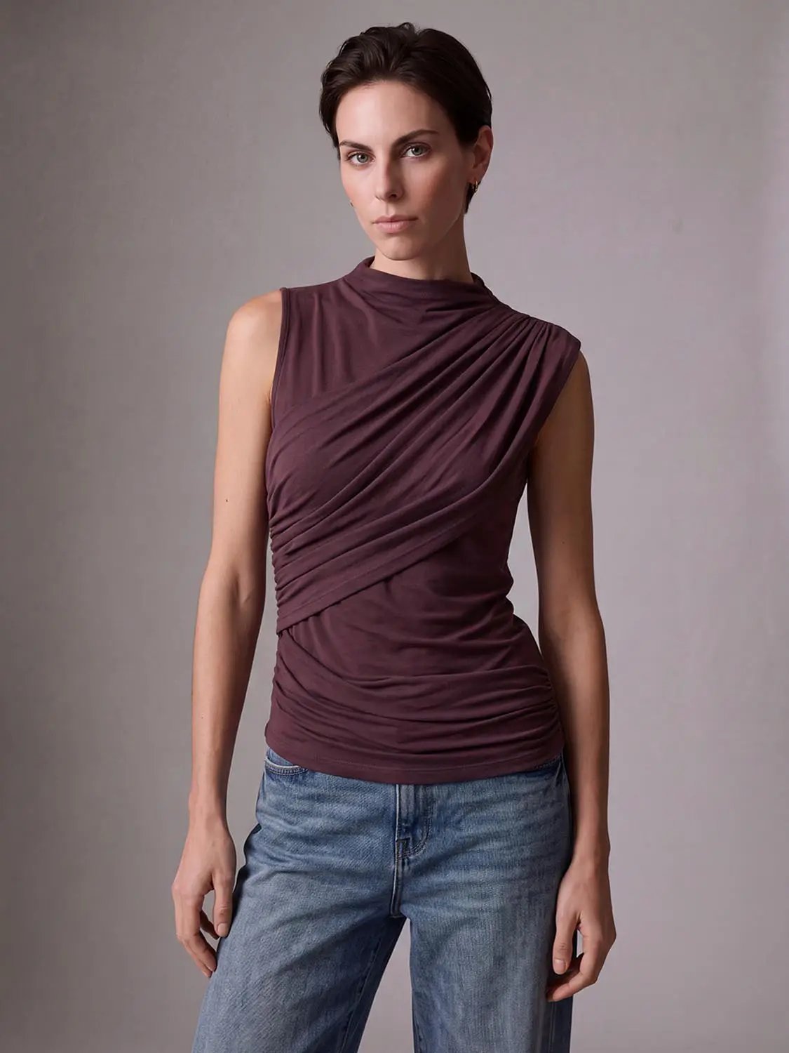 Diagonal Front Ruched Mock Neck Sleeveless Top