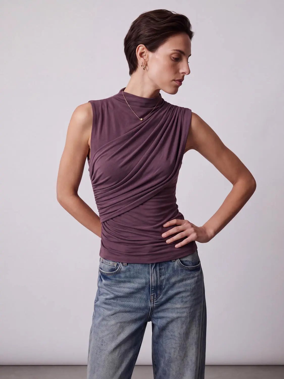 Diagonal Front Ruched Mock Neck Sleeveless Top