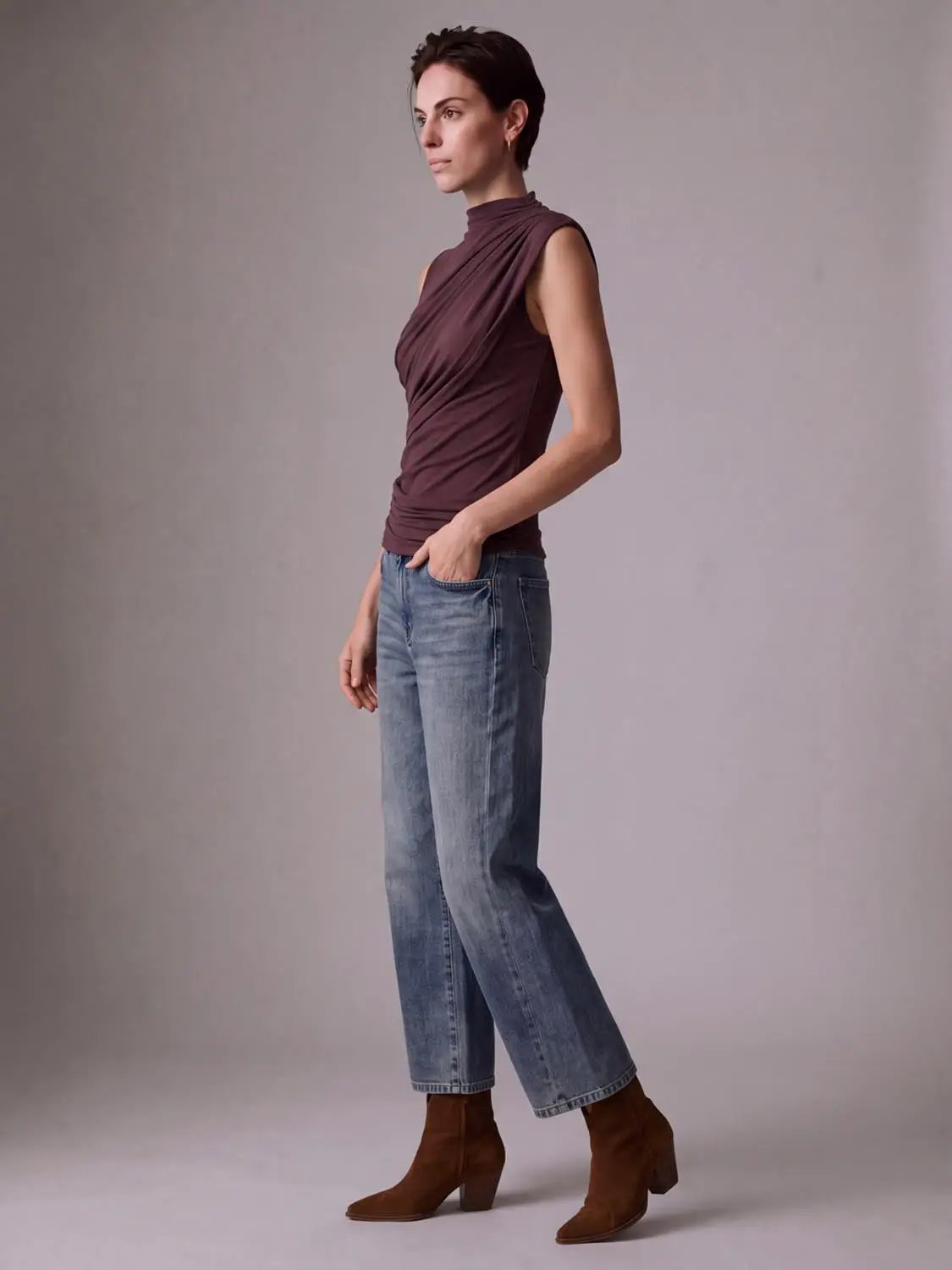 Diagonal Front Ruched Mock Neck Sleeveless Top