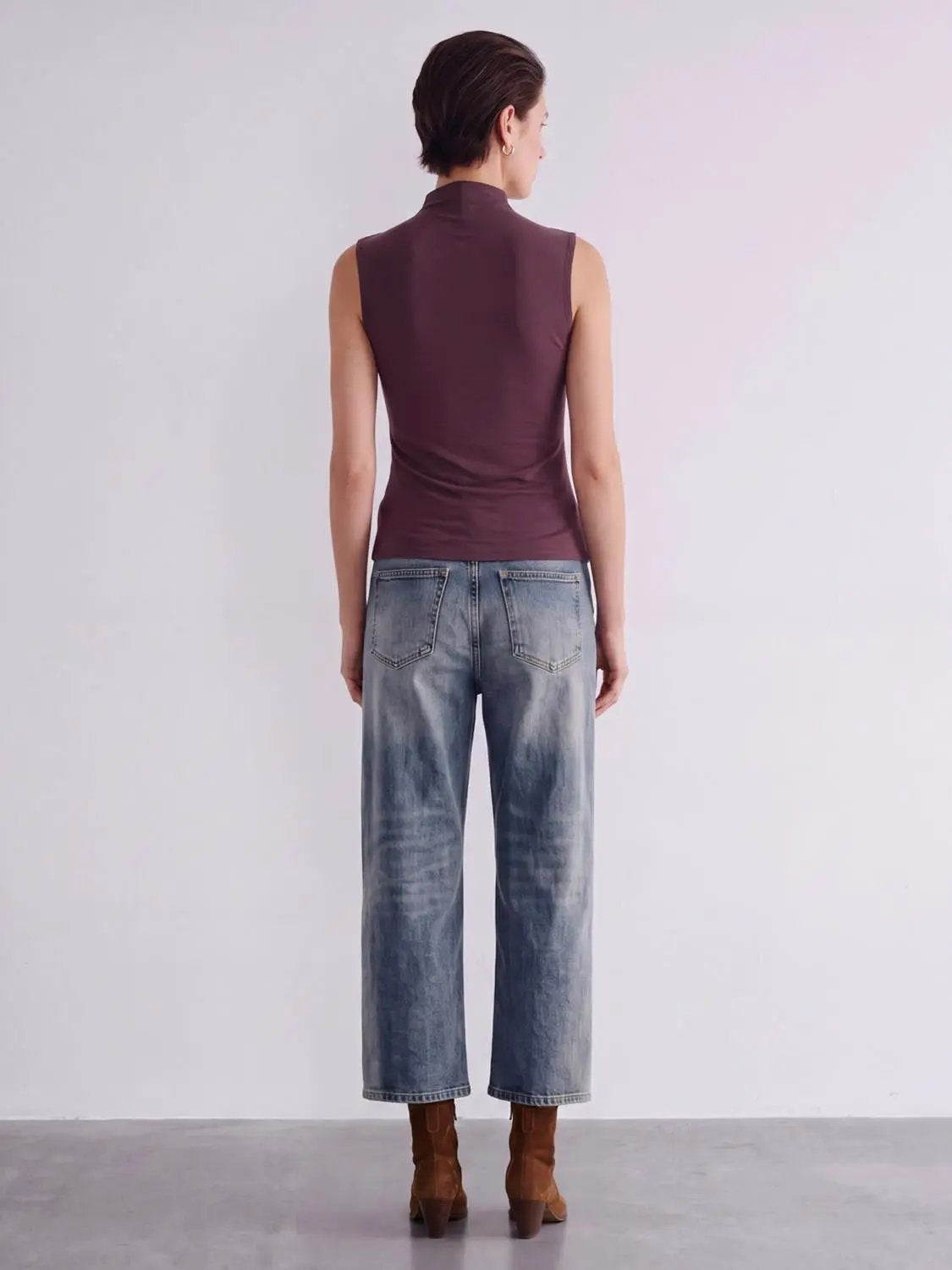 Diagonal Front Ruched Mock Neck Sleeveless Top