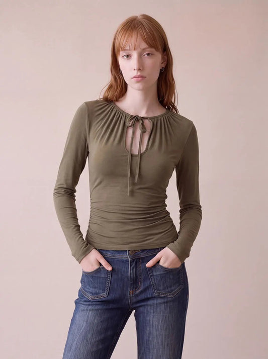 Olive Gathered Tie Neck Long Sleeve Fitted T-Shirt