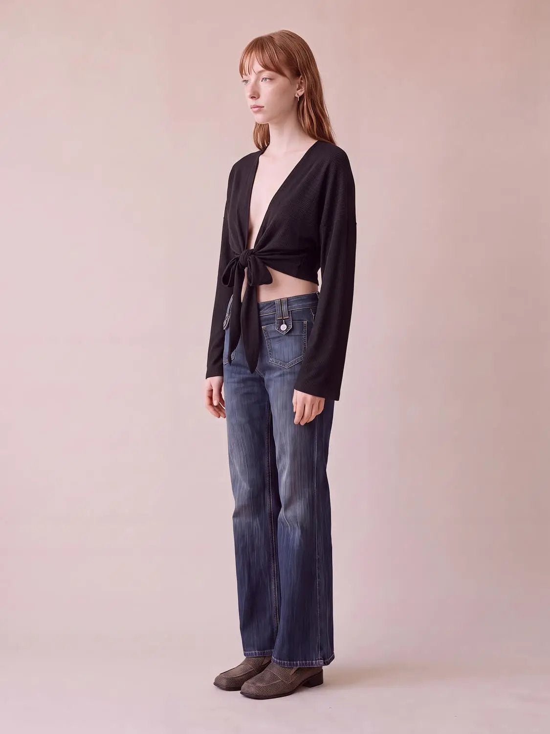 Long Sleeve Wrap Tie V-neck Knit Regular Top
